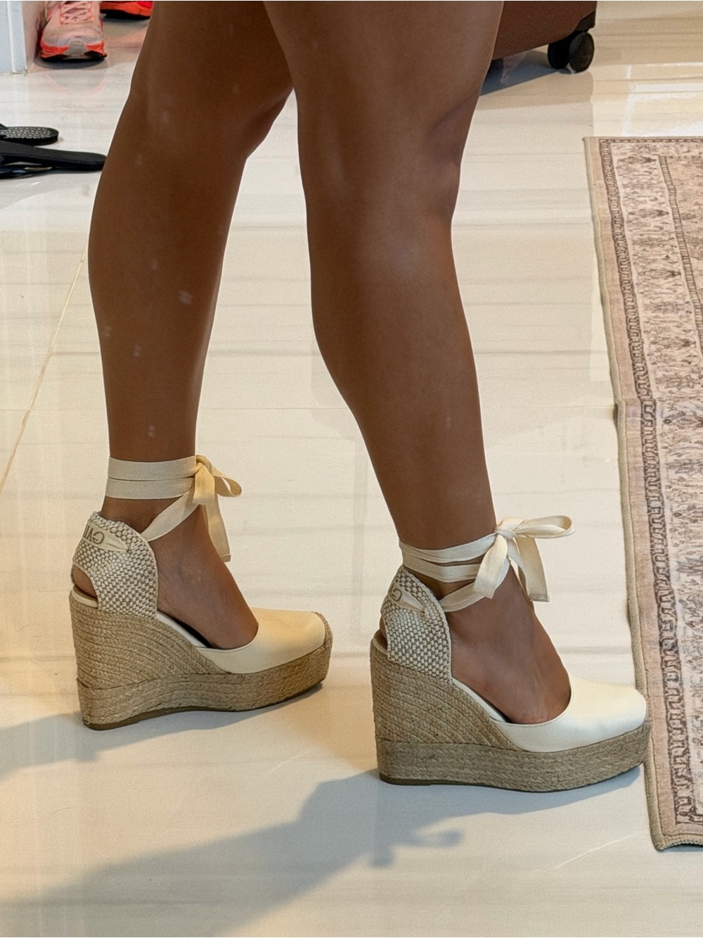 Women’s Cream White Espadrille Wedge Ankle-Tie Sandals from Spain Size 5